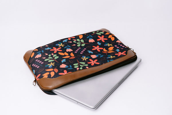 Floral Black x Leather Laptop Sleeve