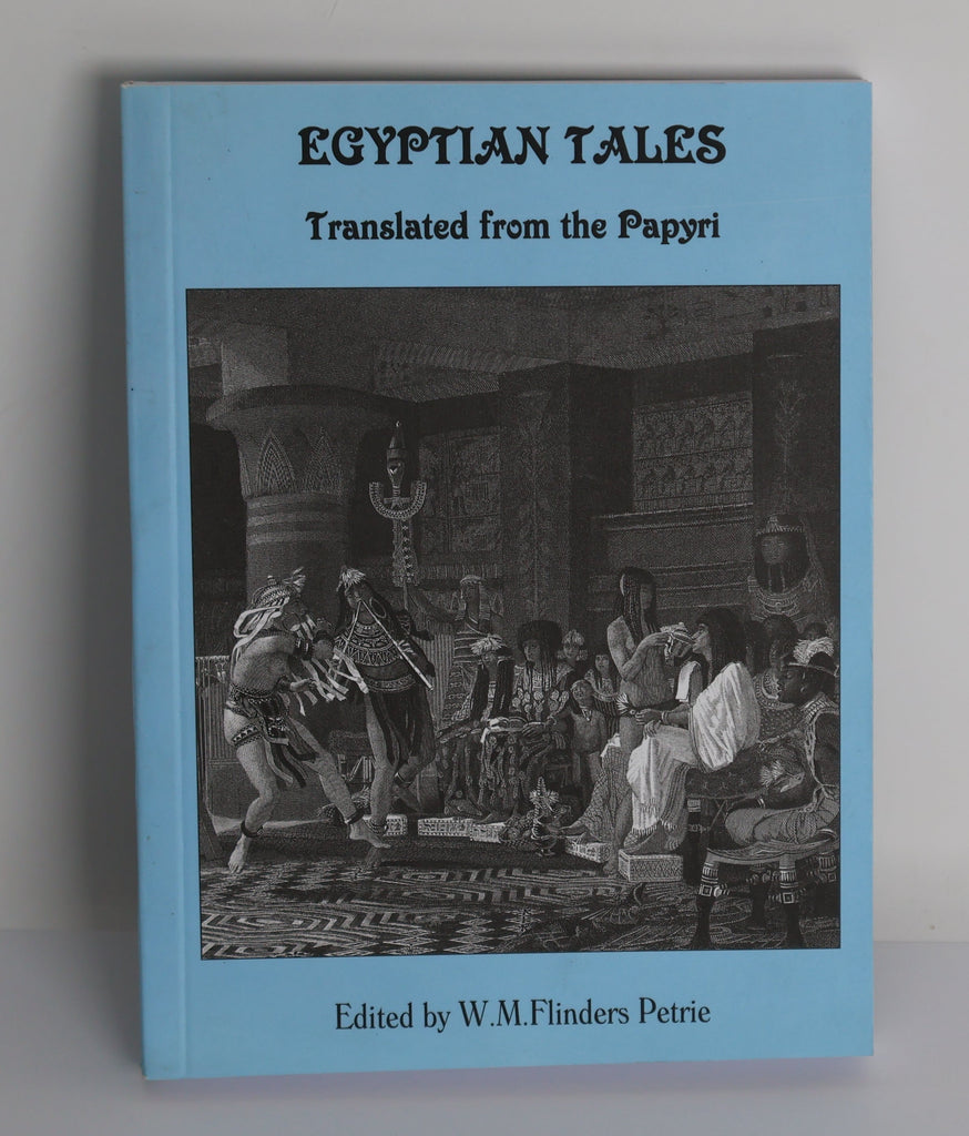 Book titled 'Egyptian Tales' with a blue cover and black and white illustration on a gray background