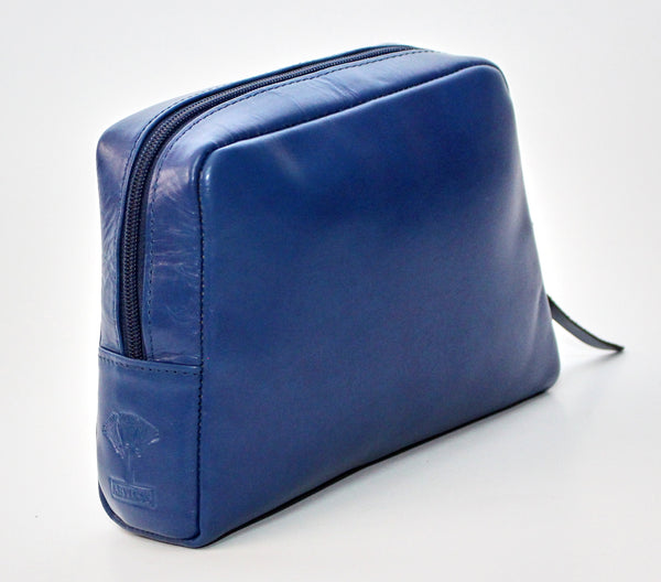 Blue Natural Leather Makeup Bag