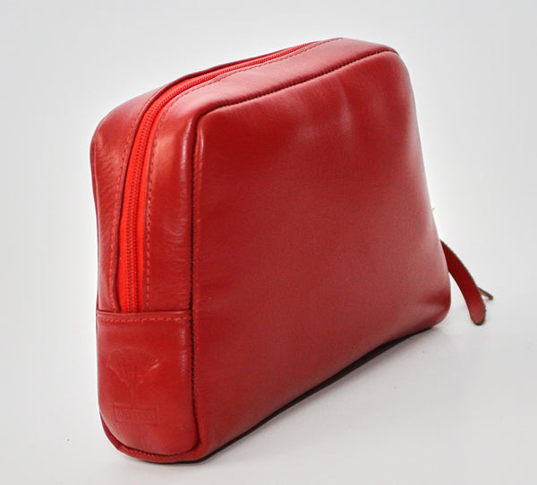 Red Natural Leather Makeup Bag